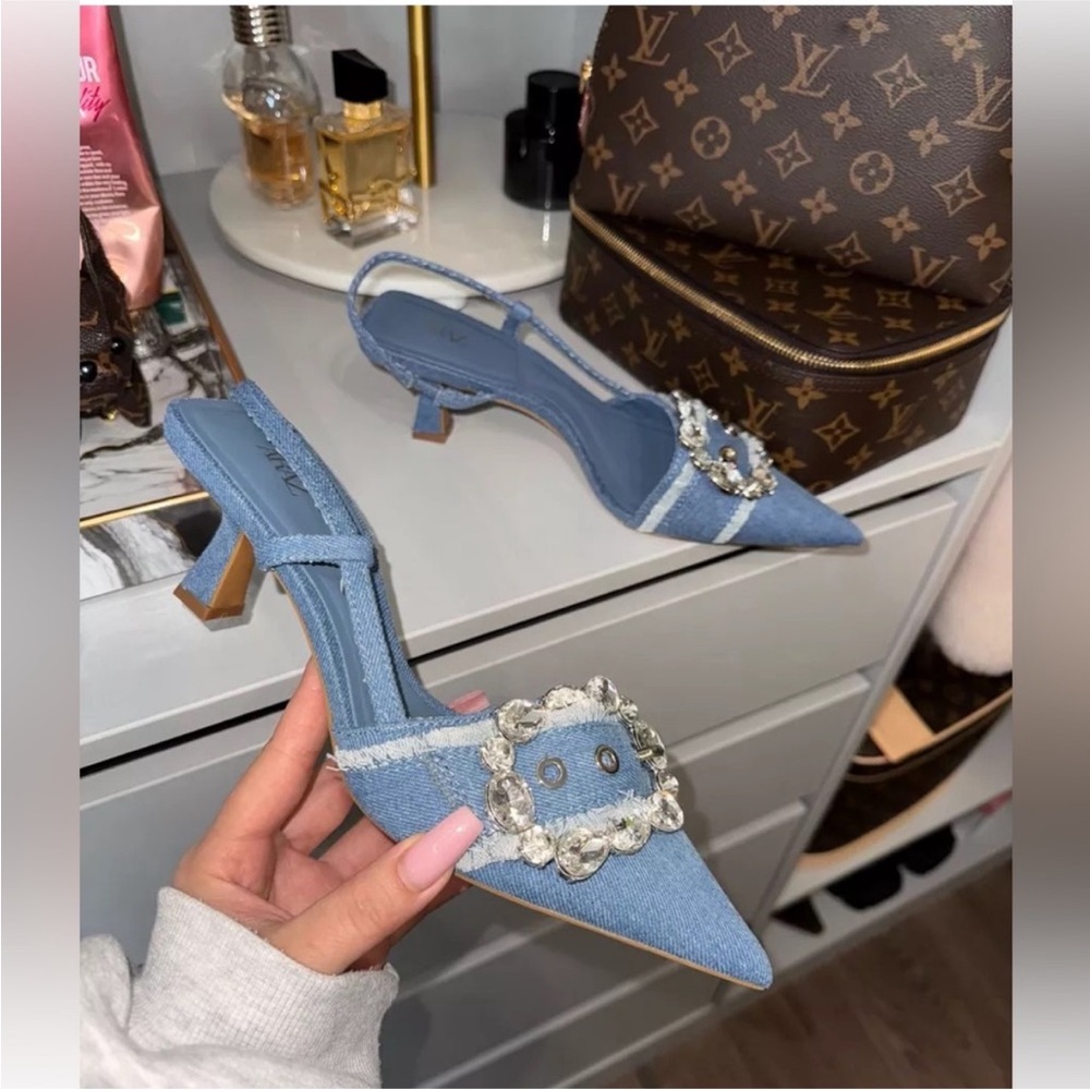 Women's Zara Denim Slingback Heels with Crystal Embellishment